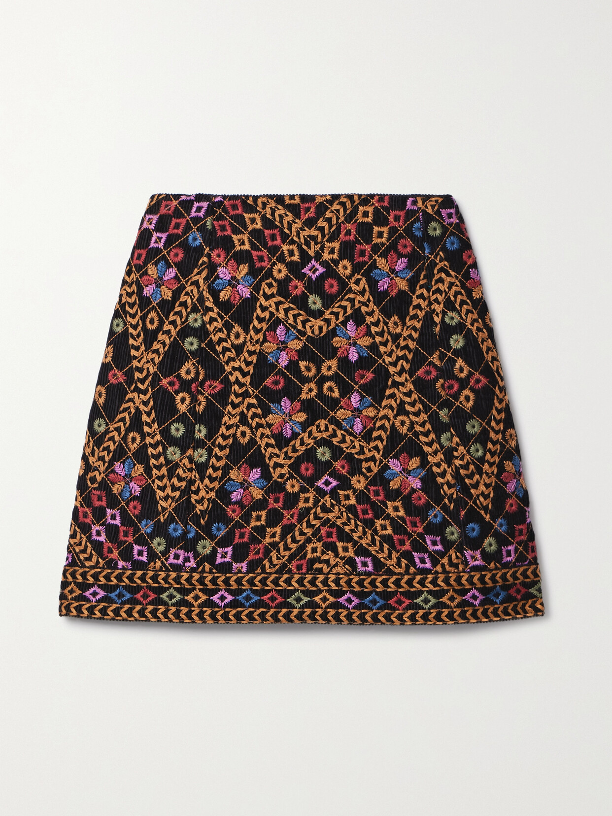 Farm Rio Embroidered Cotton-corduroy Mini Skirt - Black