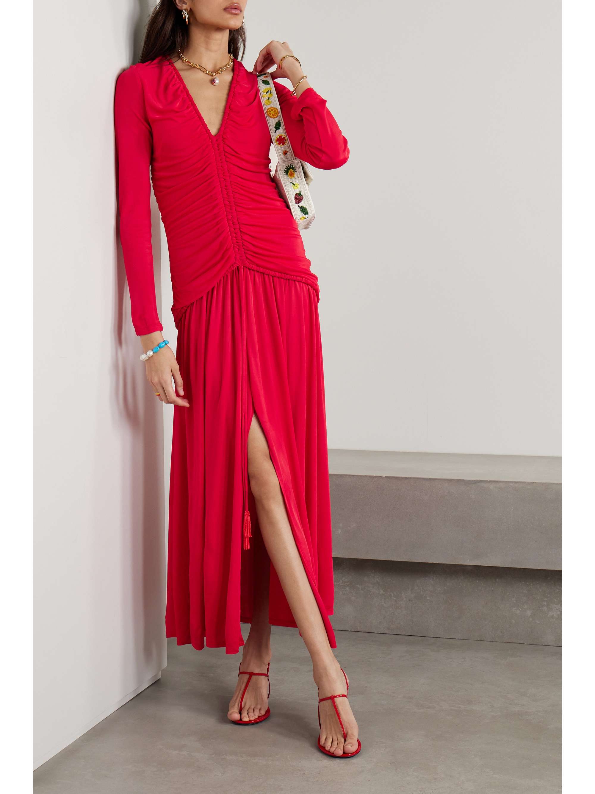 FARM RIO Gathered stretchjersey midi dress NETAPORTER