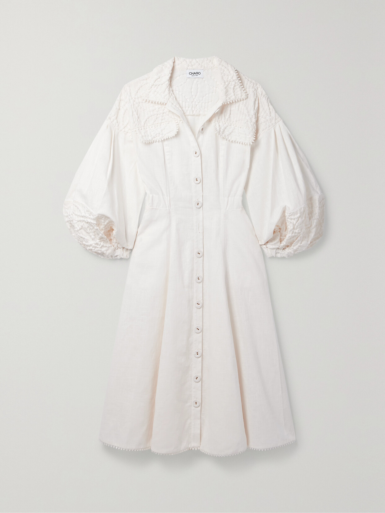 Charo Ruiz - Dubya Cloqué-trimmed Ramie-blend Midi Shirt Dress - Off-white