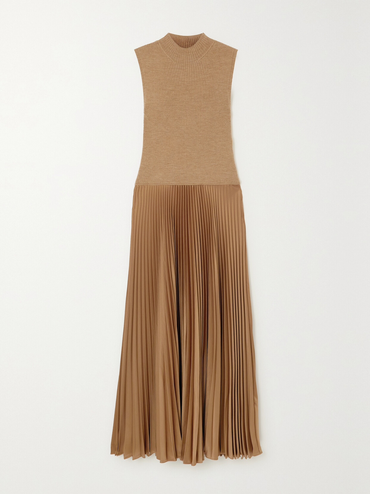 POLO RALPH LAUREN RIBBED WOOL-BLEND AND PLEATED CHARMEUSE MIDI DRESS