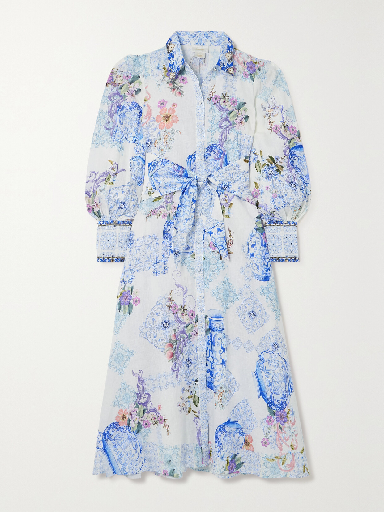 Camilla - Tie-detailed Printed Linen Midi Shirt Dress - Blue