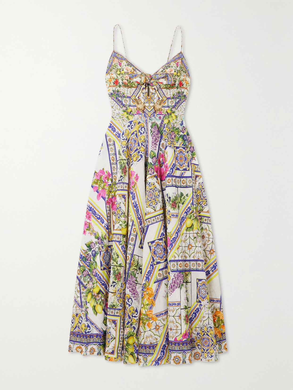 Camilla - Embellished Floral-print Linen Midi Dress - Yellow