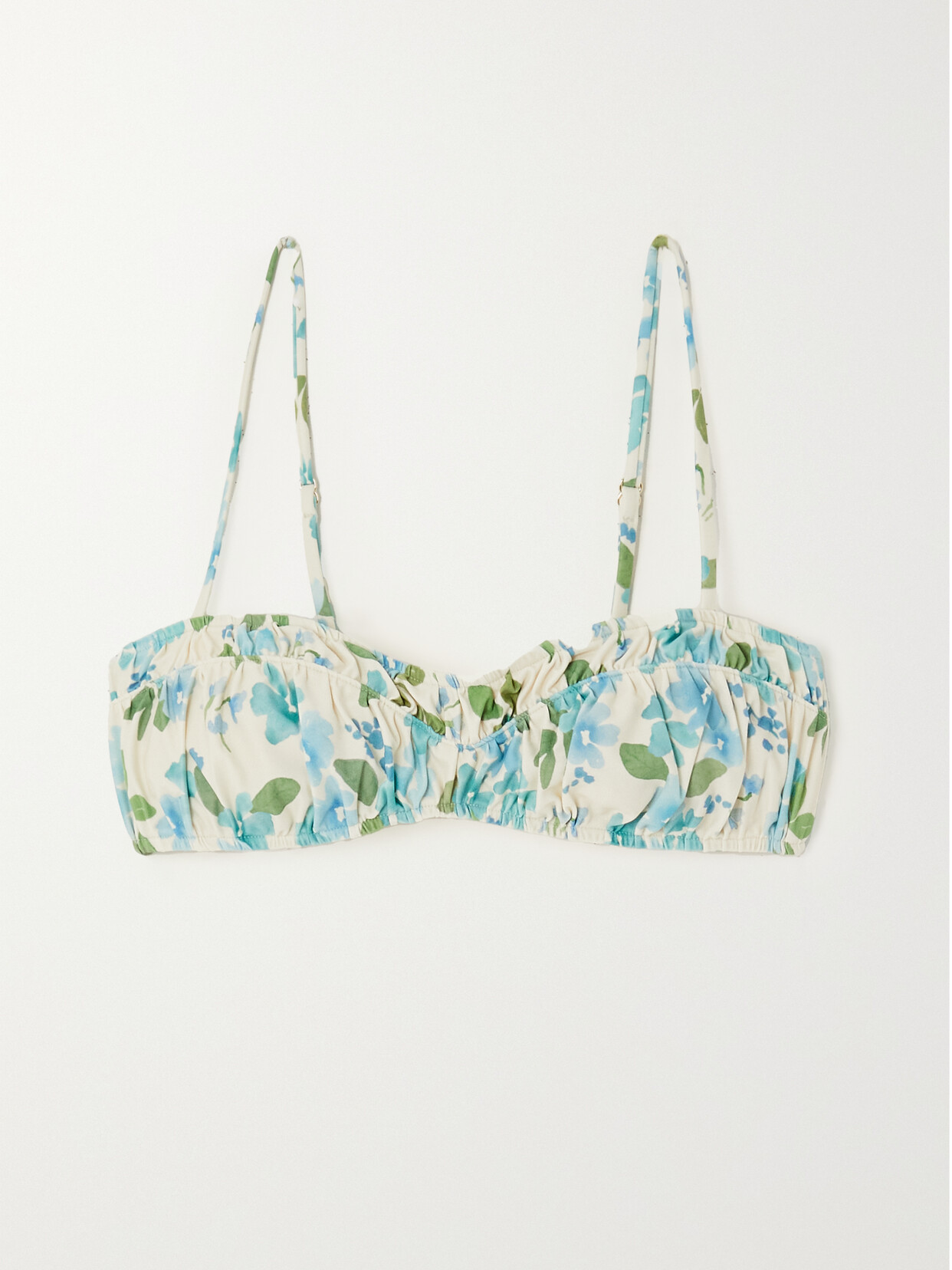 Peony + Net Sustain Ruched Floral-print Stretch-econyl Bikini Top In Blue