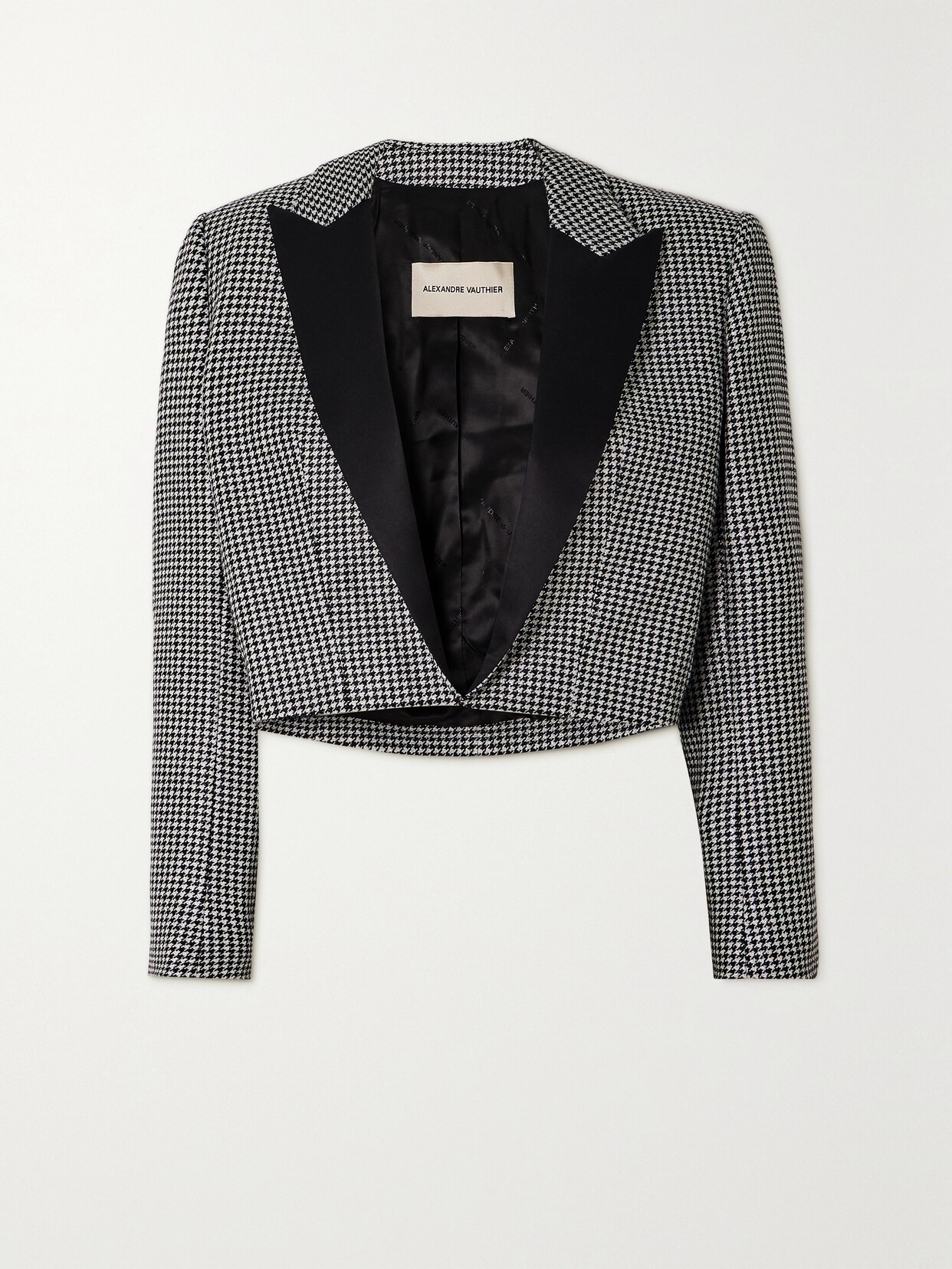 Alexandre Vauthier Cropped Satin-trimmed Metallic Houndstooth Wool-blend Blazer In Black