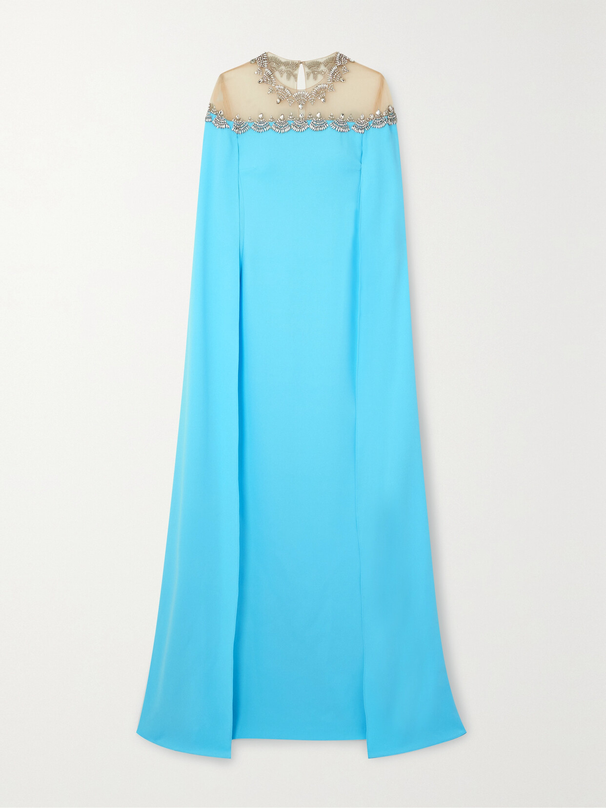 Oscar De La Renta Crystal-embellished Tulle-trimmed Stretch-silk Satin Gown In Blue