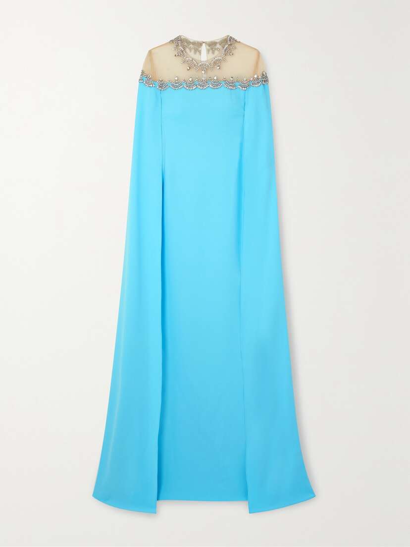 Oscar de la Renta Crystal-embellished Tulle-trimmed Stretch-silk Satin Gown - x large