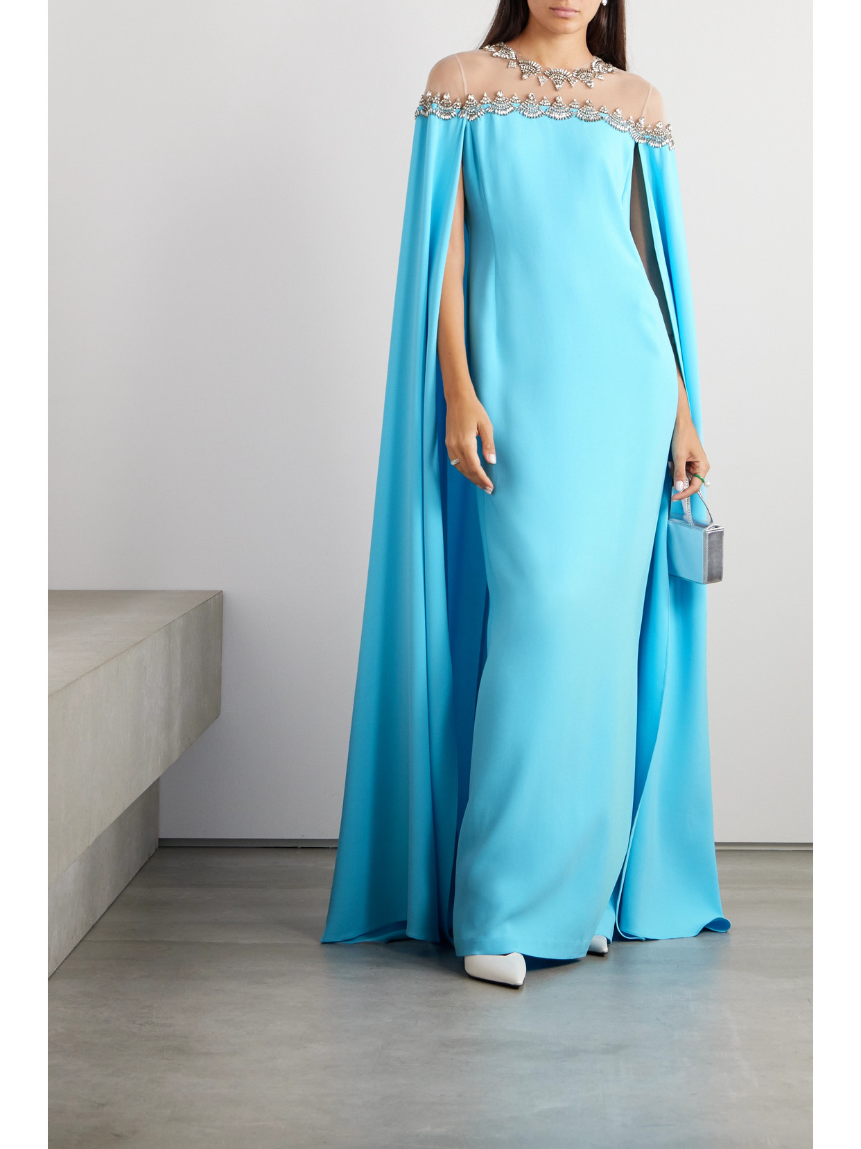 Shop Oscar De La Renta Crystal-embellished Tulle-trimmed Stretch-silk Satin Gown In Blue