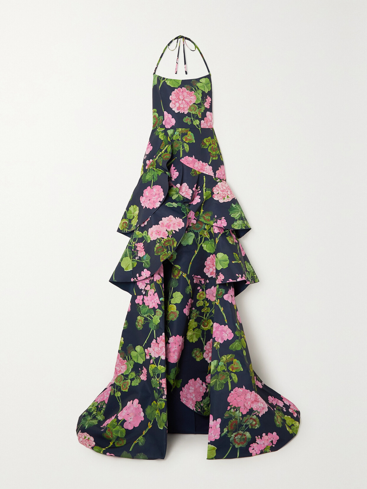 Oscar de la Renta - Ruffled Floral-print Silk-faille Halterneck Gown - Blue