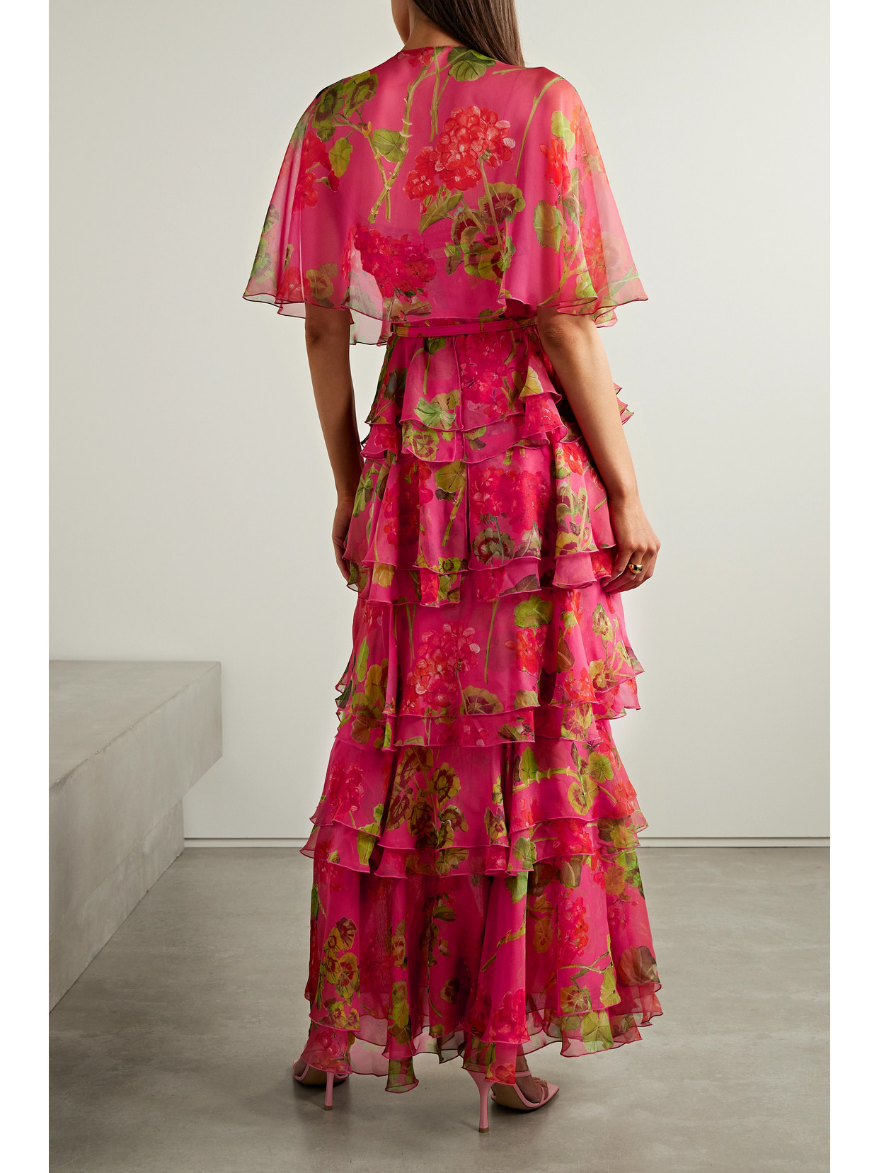 Shop Oscar De La Renta Tiered Ruffled Floral-print Silk-chiffon Gown In Multi