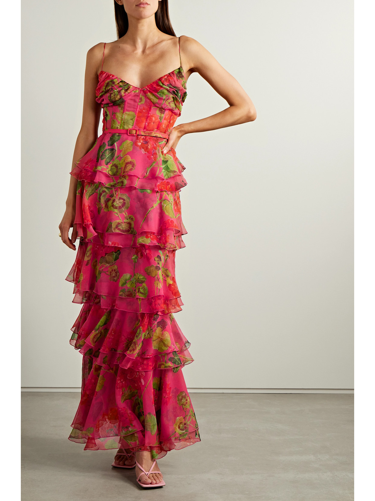 Shop Oscar De La Renta Tiered Ruffled Floral-print Silk-chiffon Gown In Multi