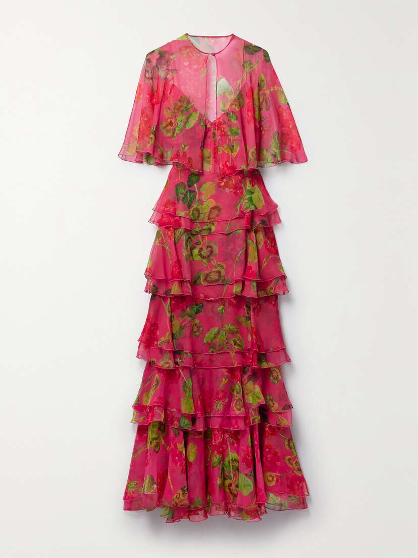 Oscar de la Renta Tiered Ruffled Floral-print Silk-chiffon Gown