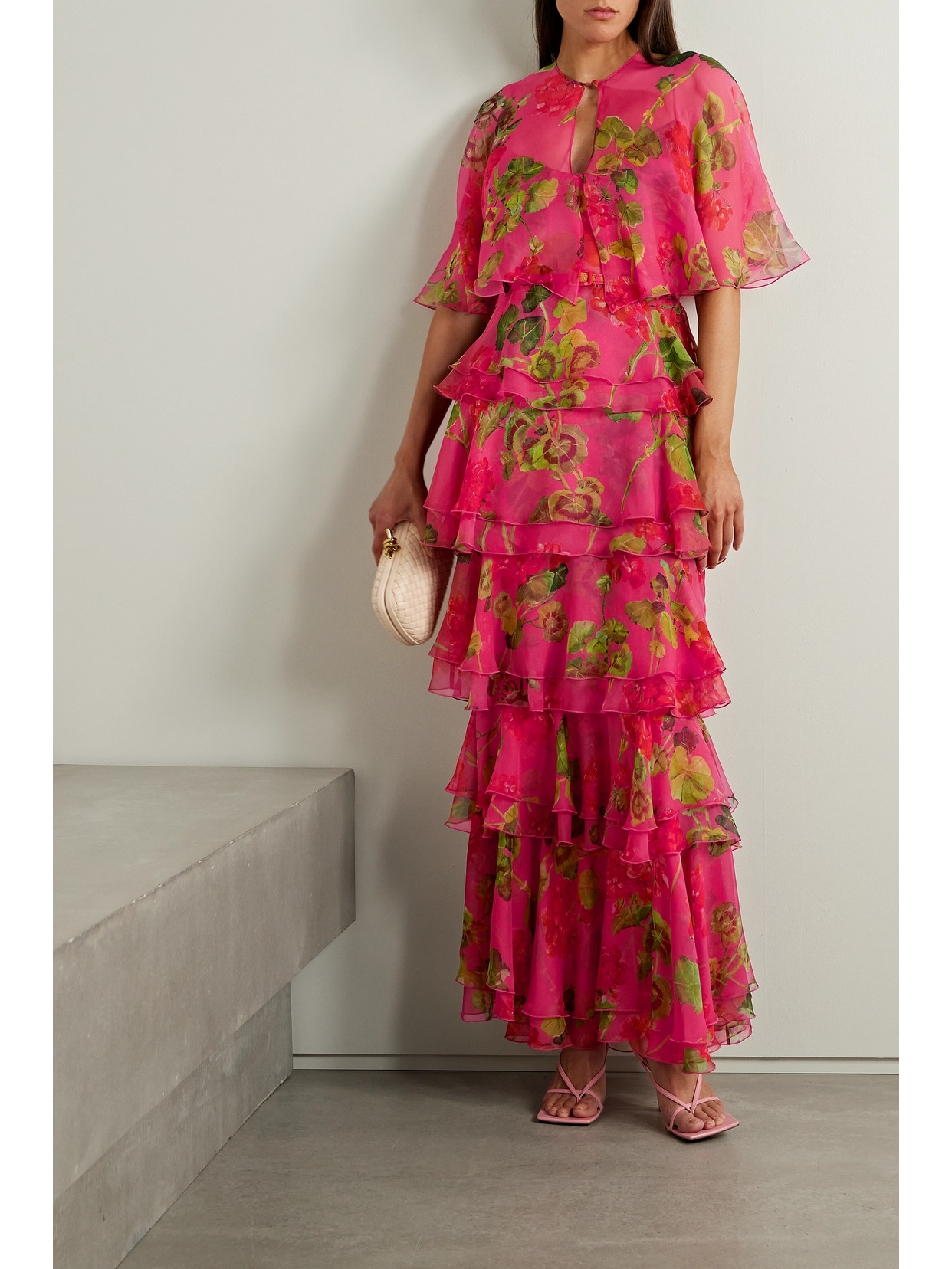 Shop Oscar De La Renta Tiered Ruffled Floral-print Silk-chiffon Gown In Multi