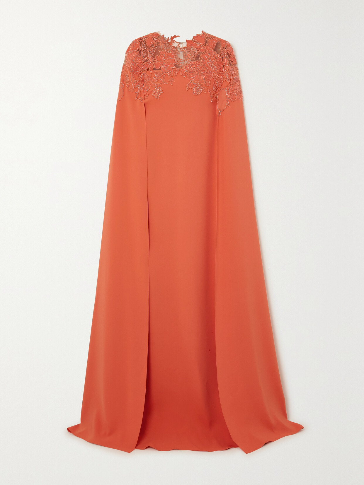 Oscar de la Renta - Cape-effect Appliquéd Tulle And Stretch-silk Gown - Orange