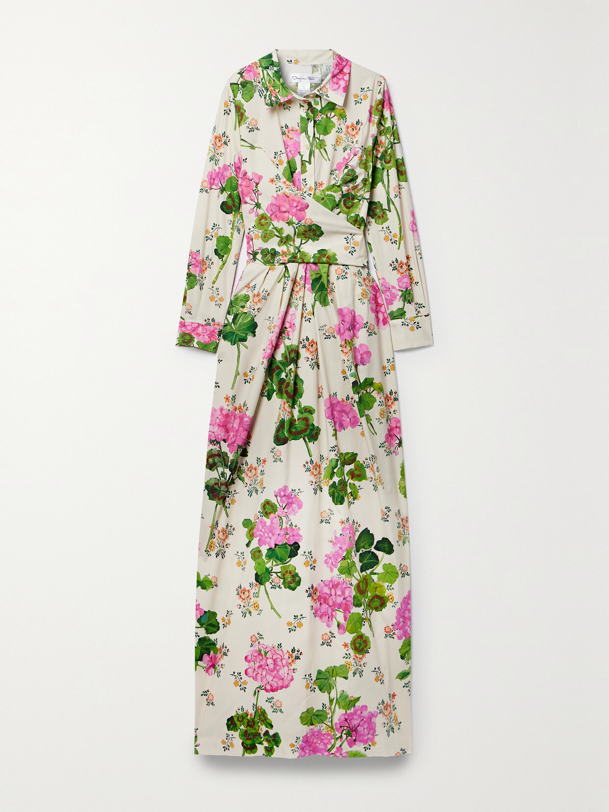 Shop Oscar De La Renta Wrap-effect Floral-print Cotton-blend Poplin Maxi Dress In Pink