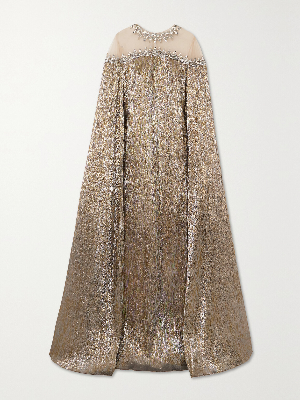 Oscar de la Renta - Cape-effect Crystal-embellished Tulle-trimmed Silk-blend Lamé Gown - Gold