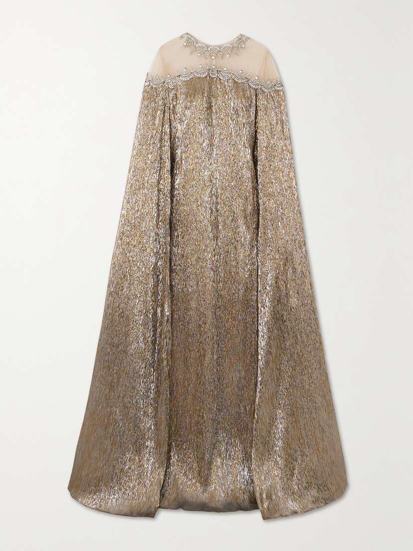 Oscar de la Renta Cape-effect Crystal-embellished Tulle-trimmed Silk-blend Lamé Gown - x large