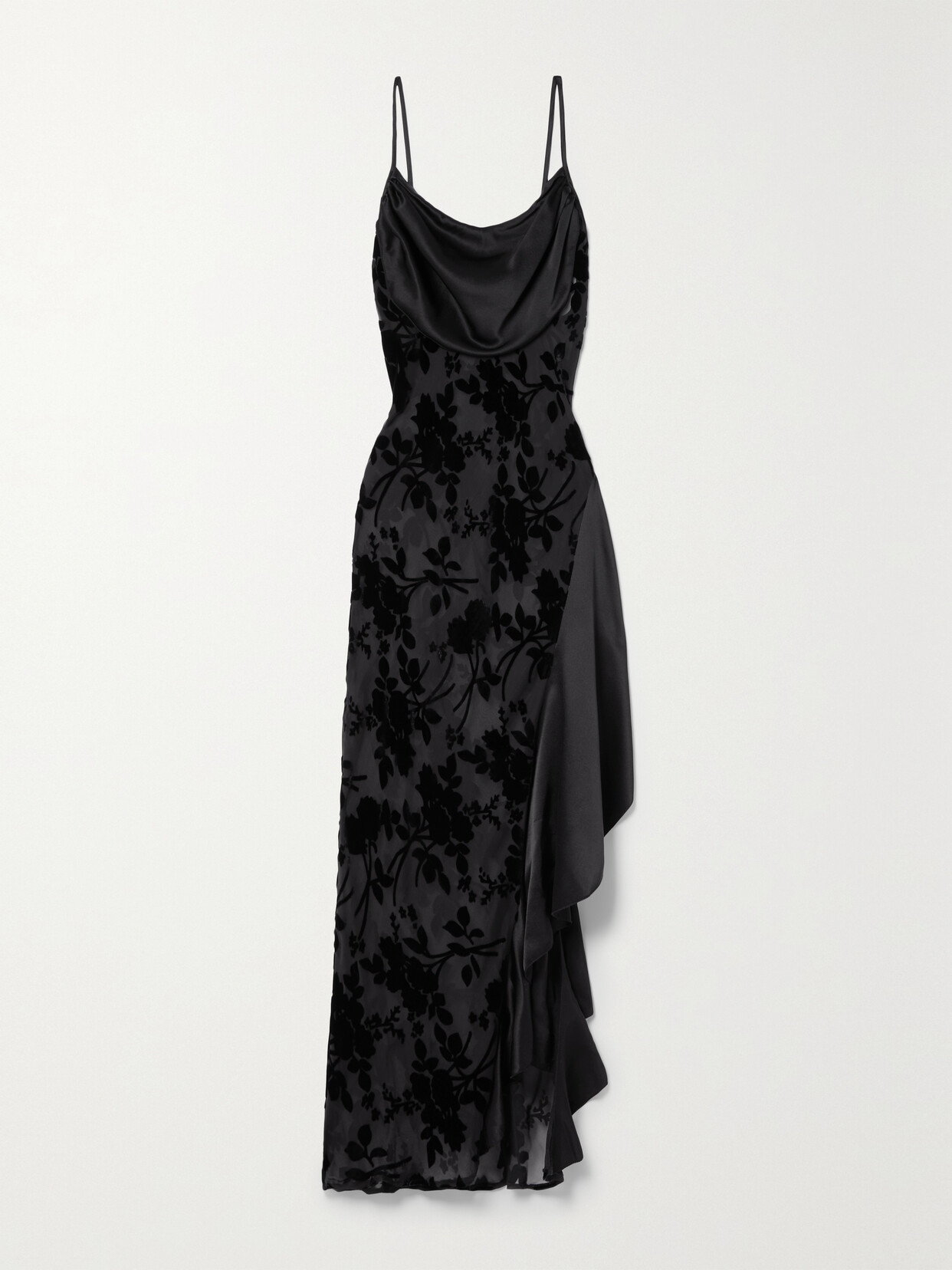 RODARTE ASYMMETRIC DRAPED RUFFLED SATIN AND DEVORÉ-VELVET MIDI DRESS