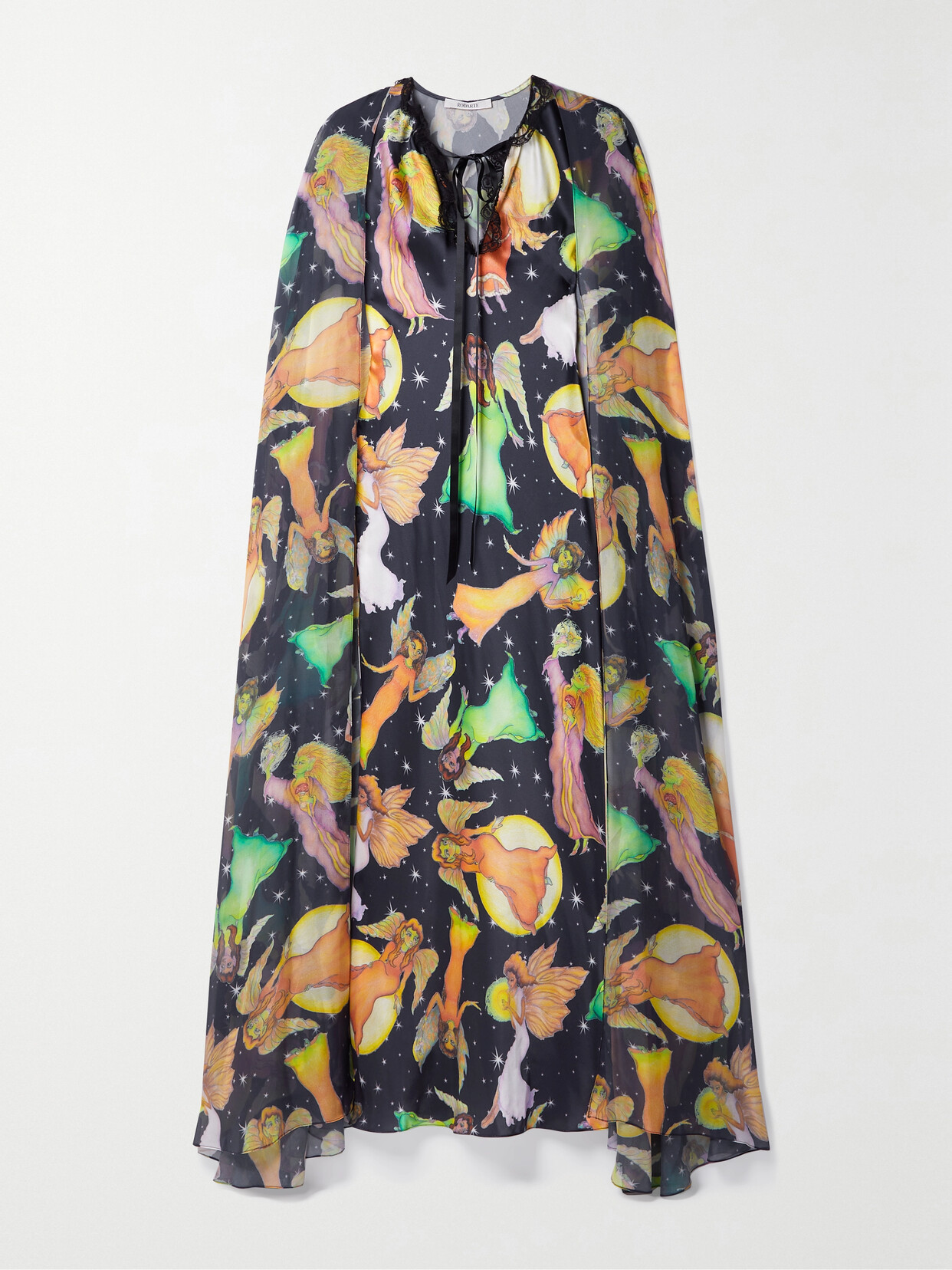 Rodarte - Midnight Fairy Cape-effect Lace-trimmed Printed Silk-charmeuse Maxi Dress - Multi