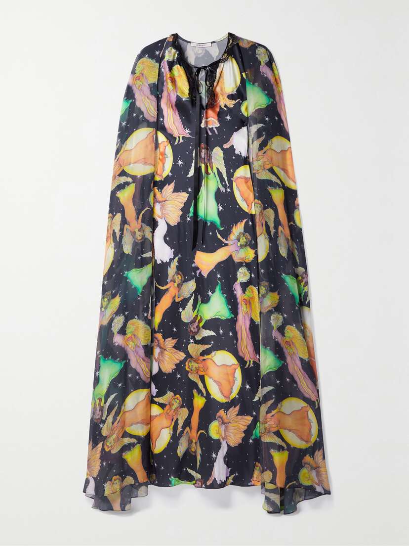 Rodarte Midnight Fairy Cape-effect Lace-trimmed Printed Silk-charmeuse Maxi Dress