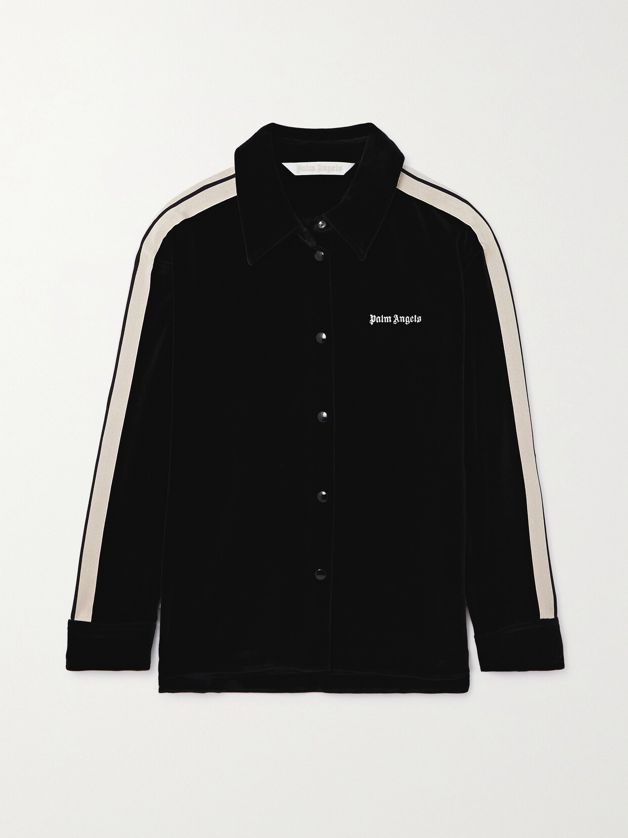 Shop Palm Angels Embroidered Striped Stretch Cotton-blend Velvet Shirt In Black