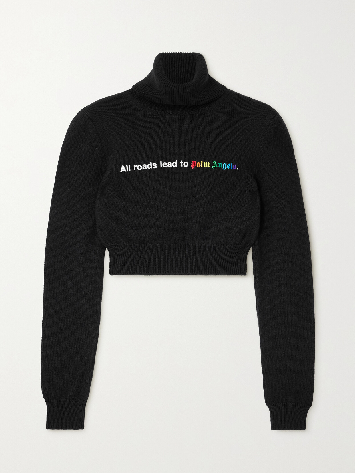 Shop Palm Angels All Roads Cropped Embroidered Knitted Turtleneck Sweater In Black