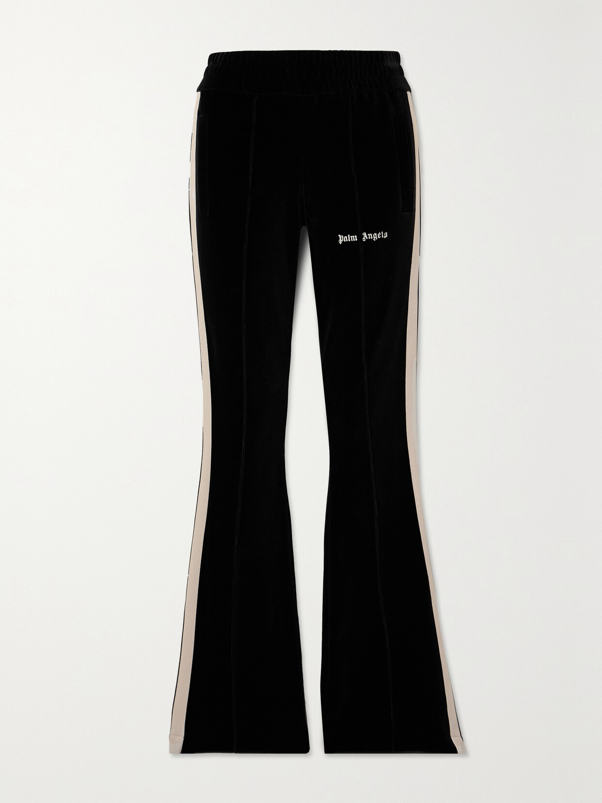 Shop Palm Angels Metallic Striped Stretch-velvet Pants In Black