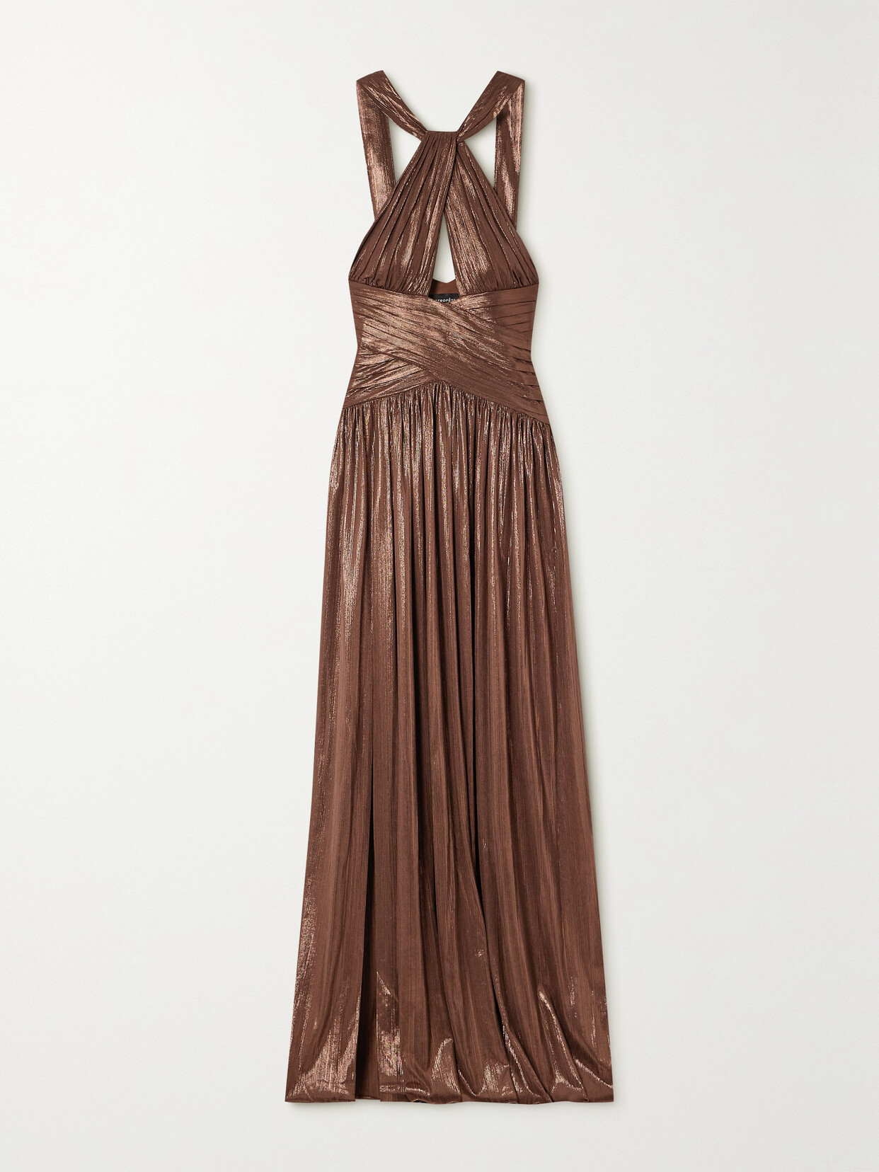 Retroféte Salem Cutout Metallic Plissé-lamé Halterneck Gown In Brown