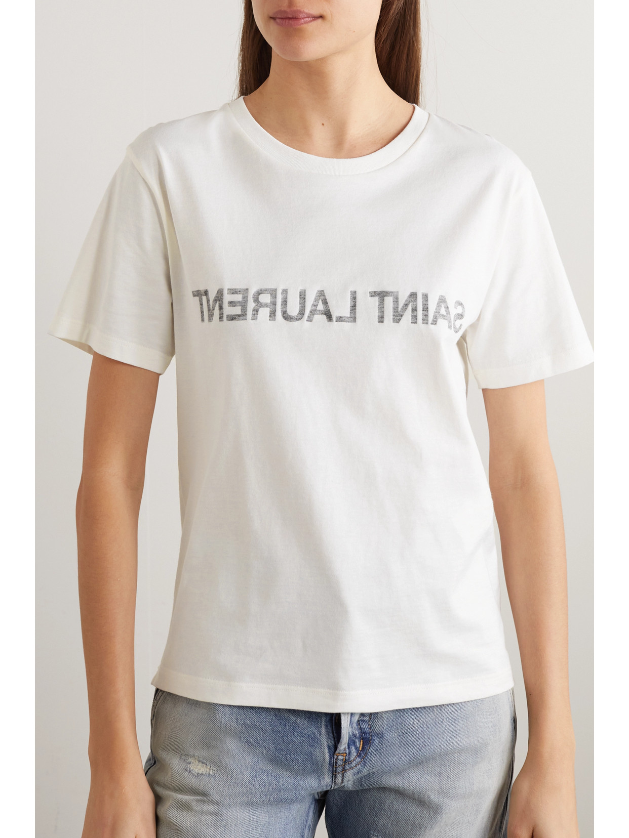 Shop Saint Laurent Printed Cotton-jersey T-shirt In White