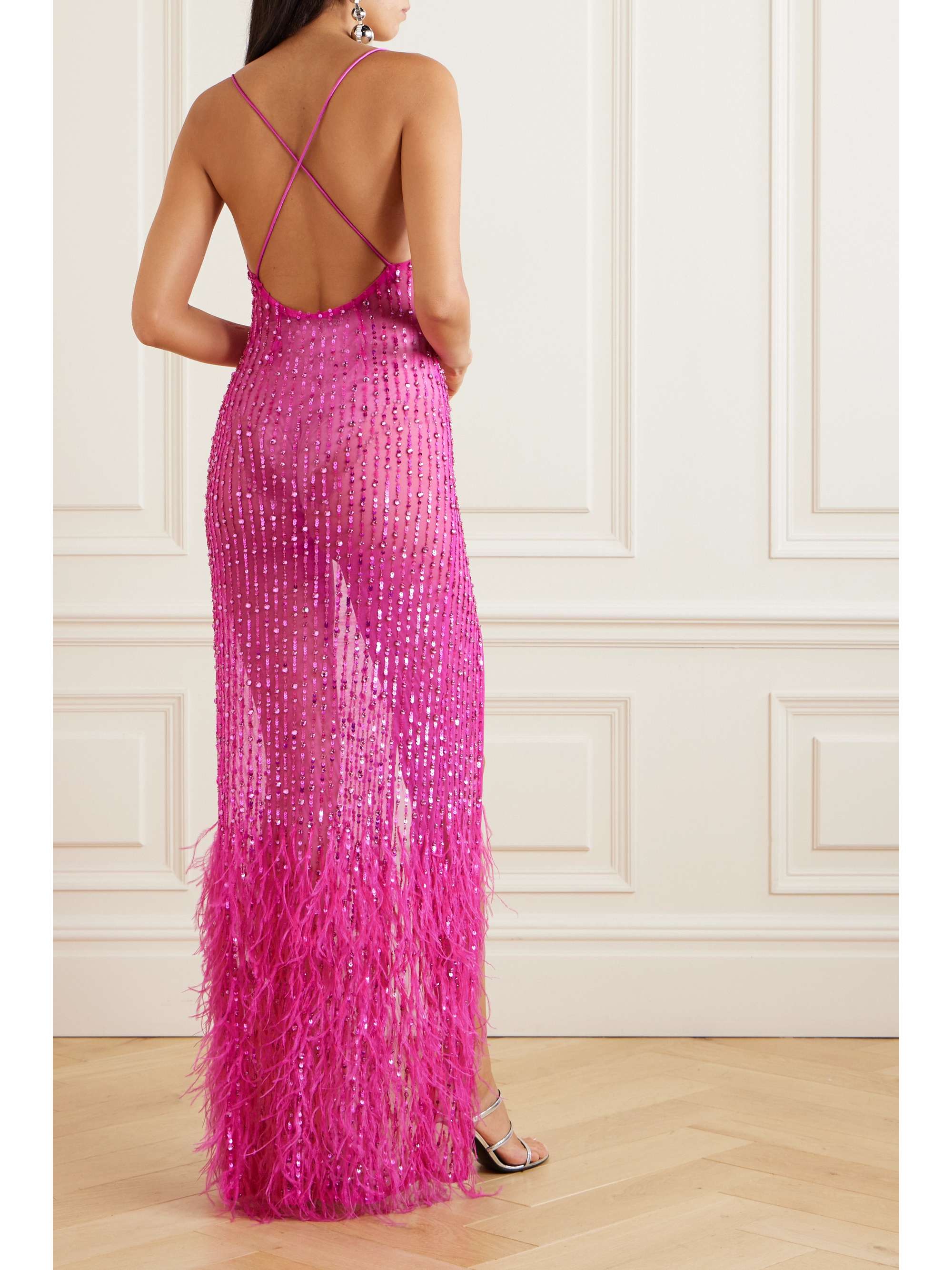 RETROFÊTE Alessandra feathertrimmed embellished tulle maxi dress NET