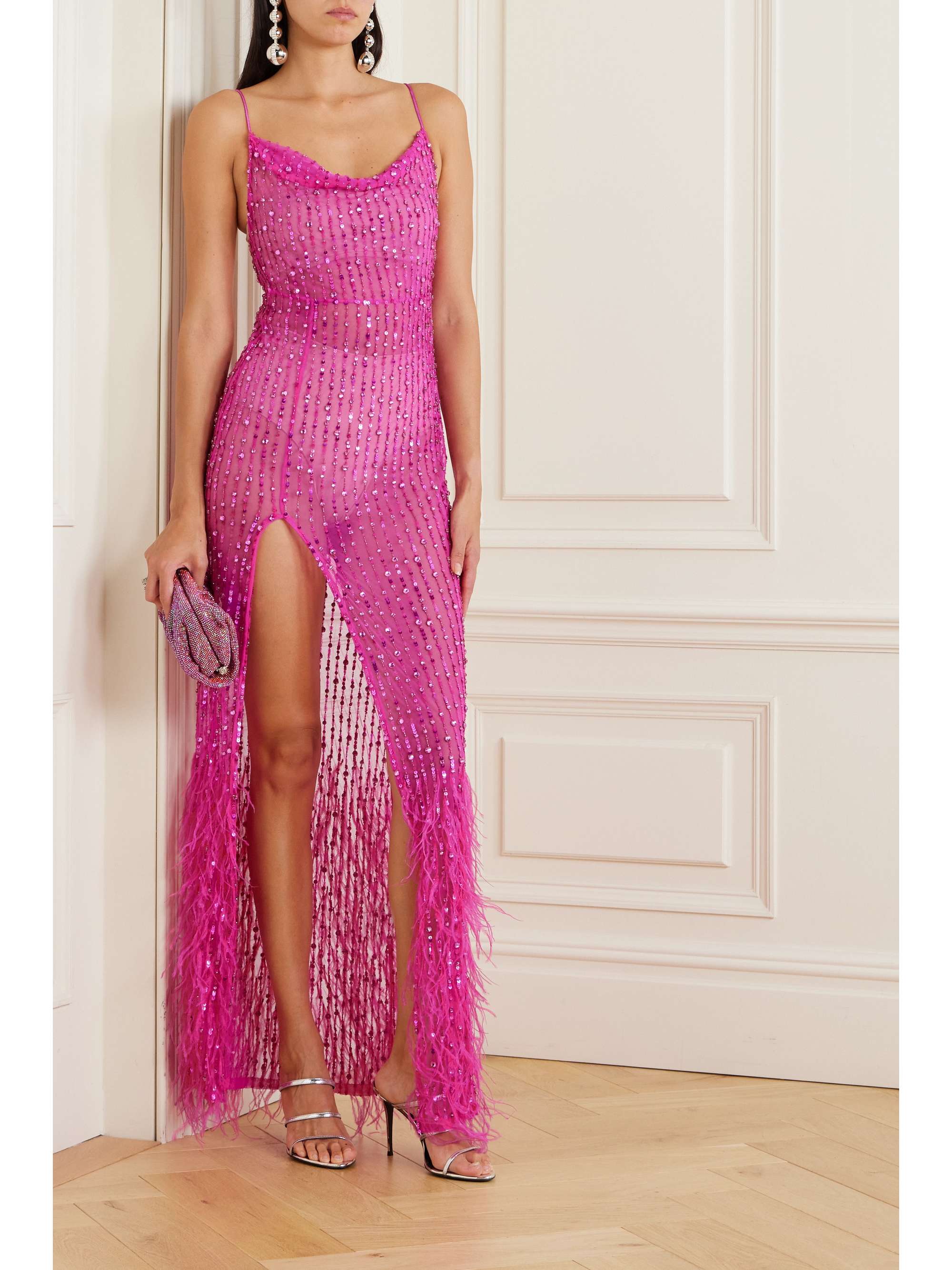 RETROFÊTE Alessandra feathertrimmed embellished tulle maxi dress NET