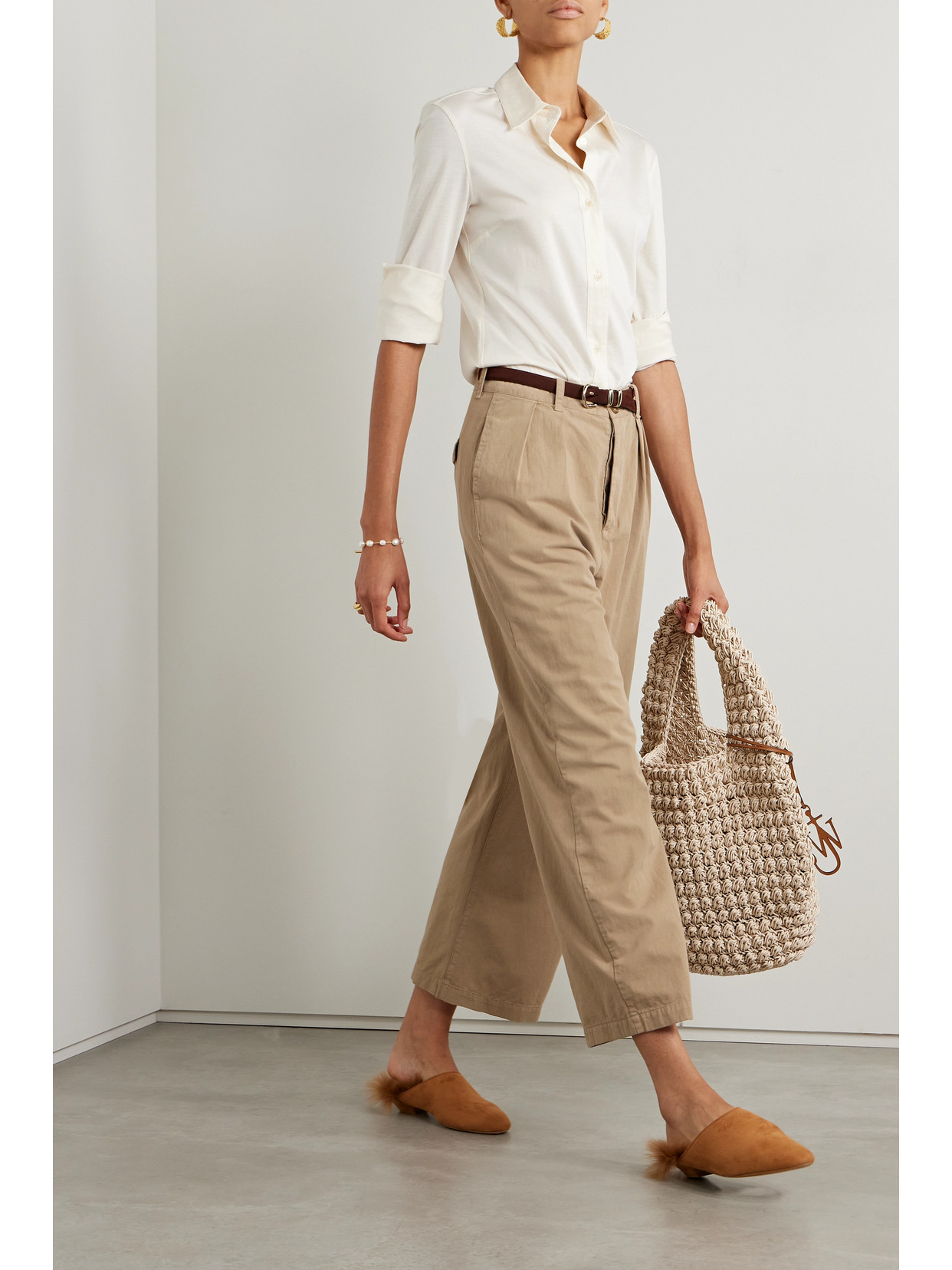 Shop The Great The Town Pleated Cotton-twill Straight-leg Pants In Neutrals