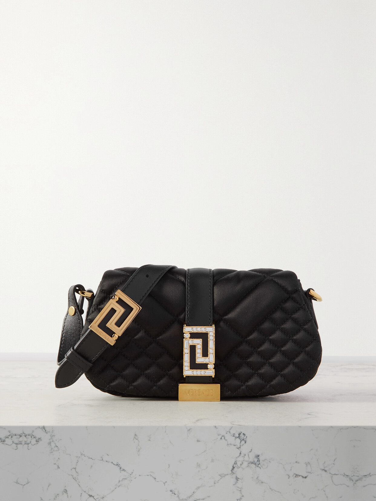 Versace Greca Goddess Mini Embellished Leather-trimmed Quilted Satin Shoulder Bag - Black