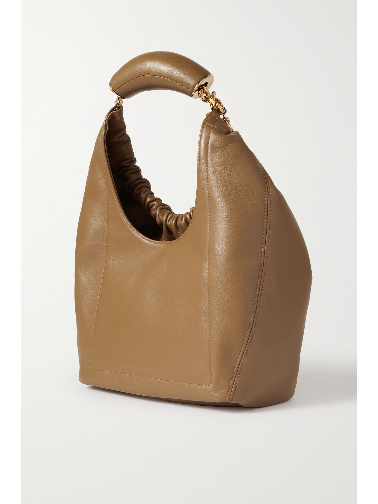 Shop Loewe Squeeze Small Chain-embellished Gathered Leather Tote In Brown