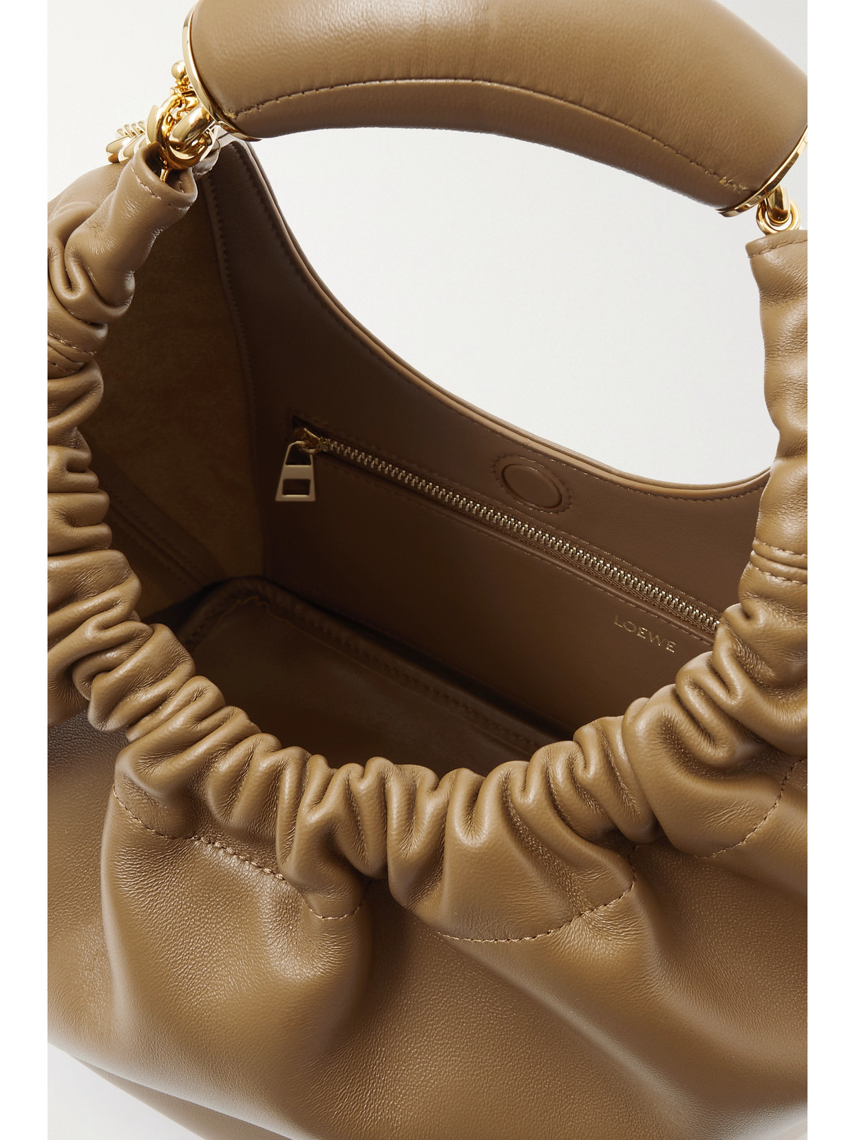 Shop Loewe Squeeze Small Chain-embellished Gathered Leather Tote In Brown