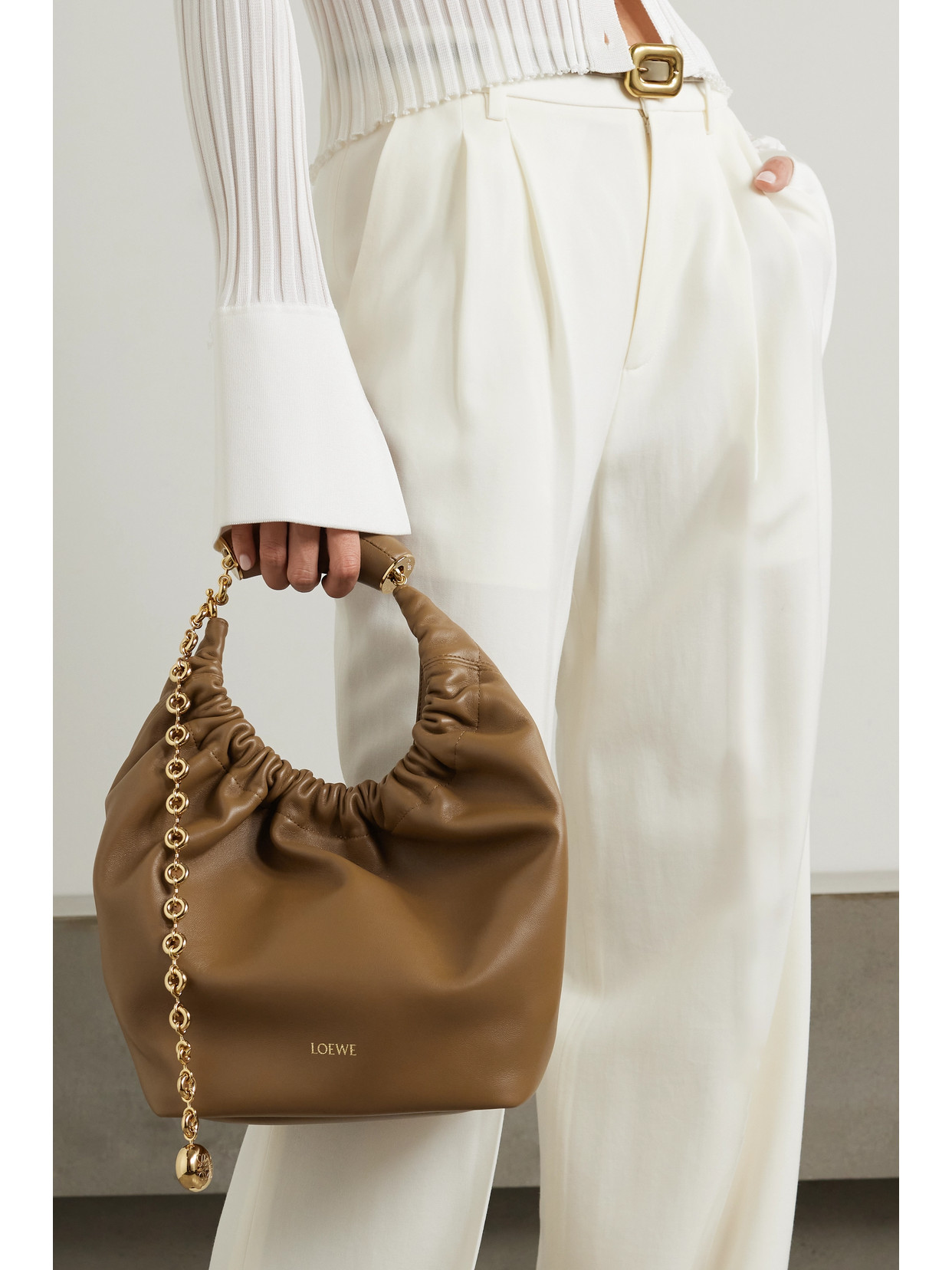 Shop Loewe Squeeze Small Chain-embellished Gathered Leather Tote In Brown