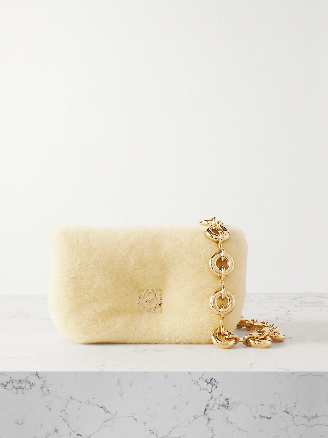 Shop Loewe Puffer Goya Mini Embellished Shearling Shoulder Bag In Cream