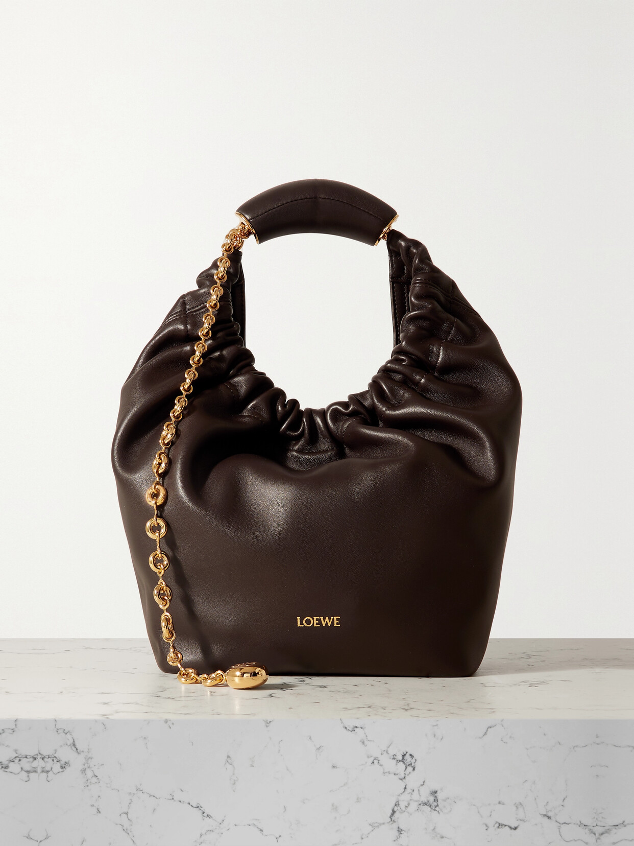 Loewe Squeeze Small Chain-embellished Gathered Leather Shoulder Bag In Brown
