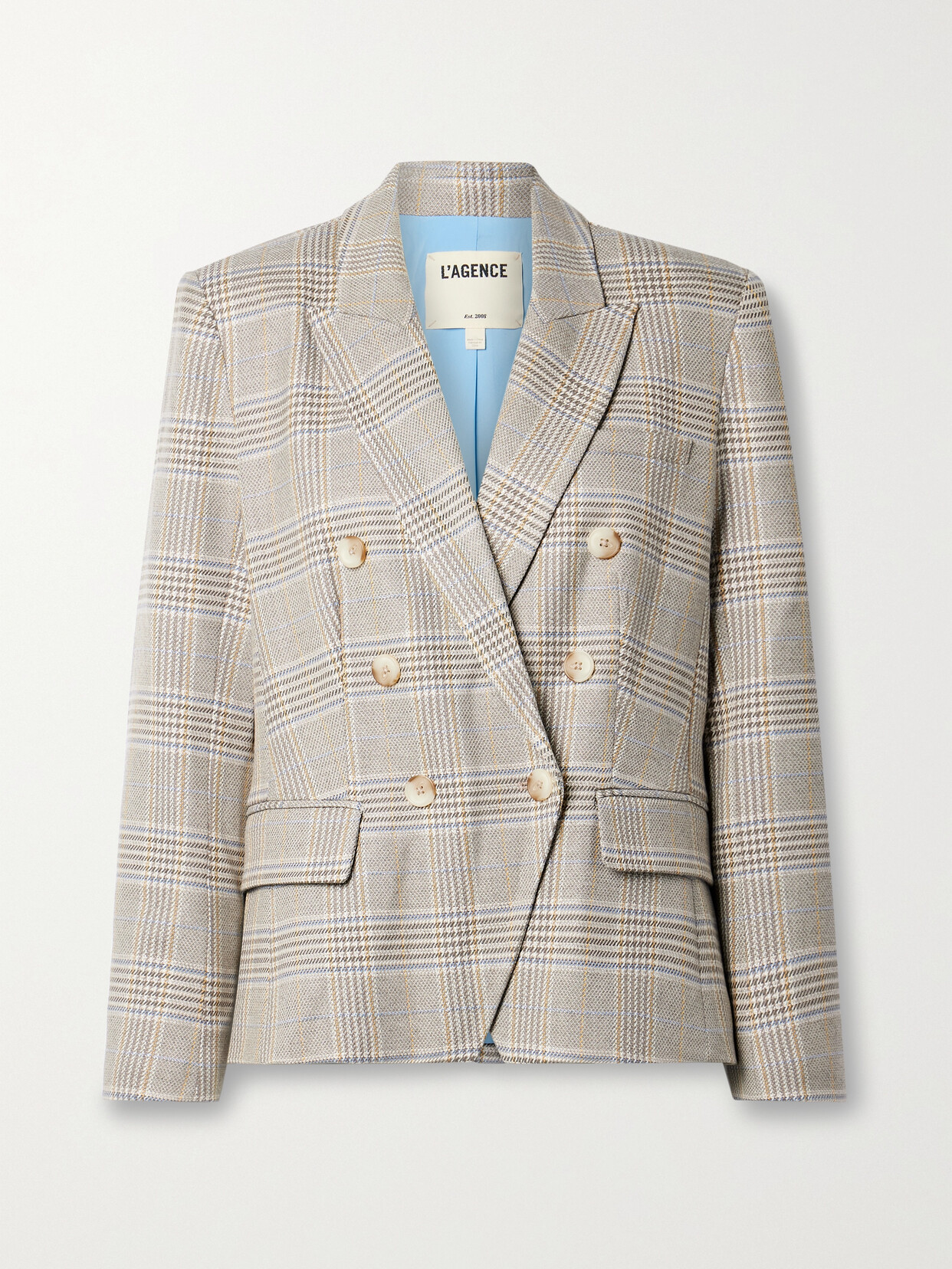 Shop L Agence Kenzie Double-breasted Checked Metallic Jacquard Blazer In Gray