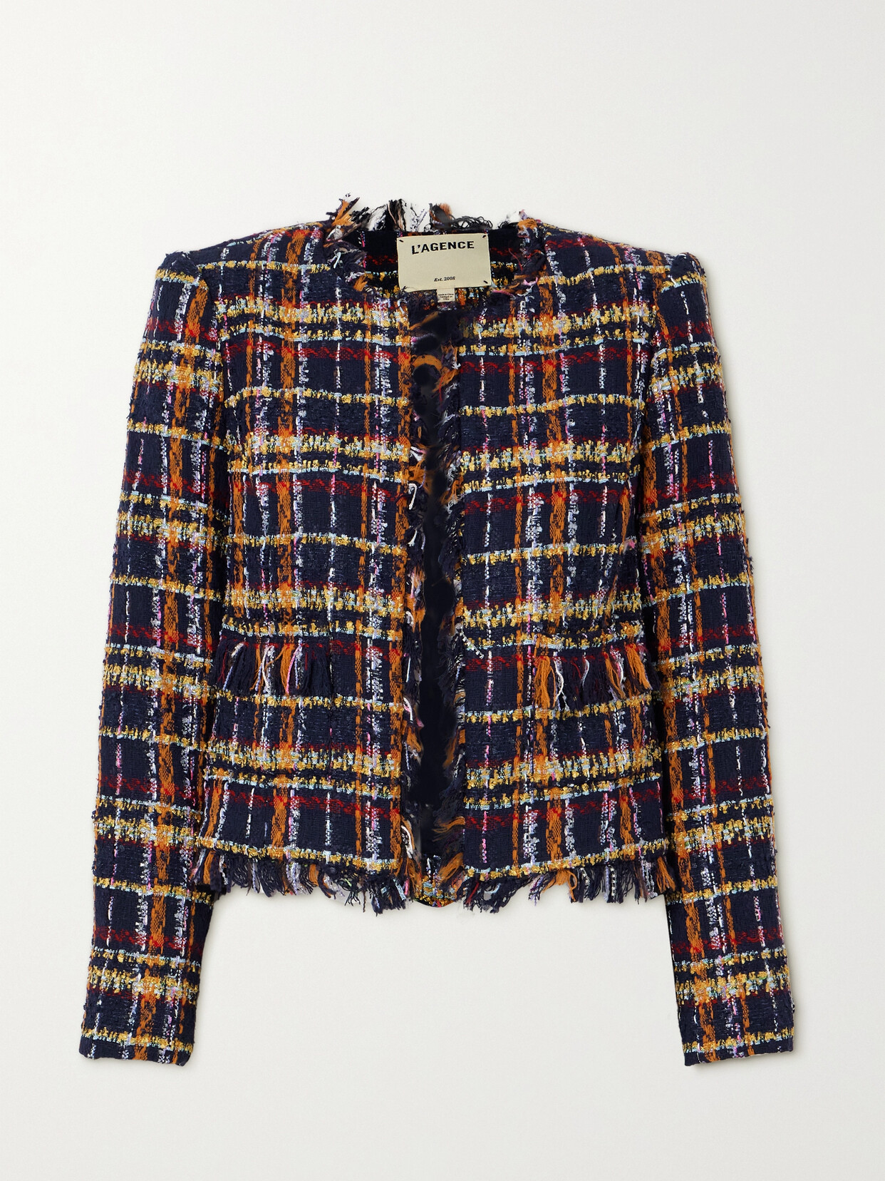 Shop L Agence Angelina Fringed Checked Tweed Jacket In Red