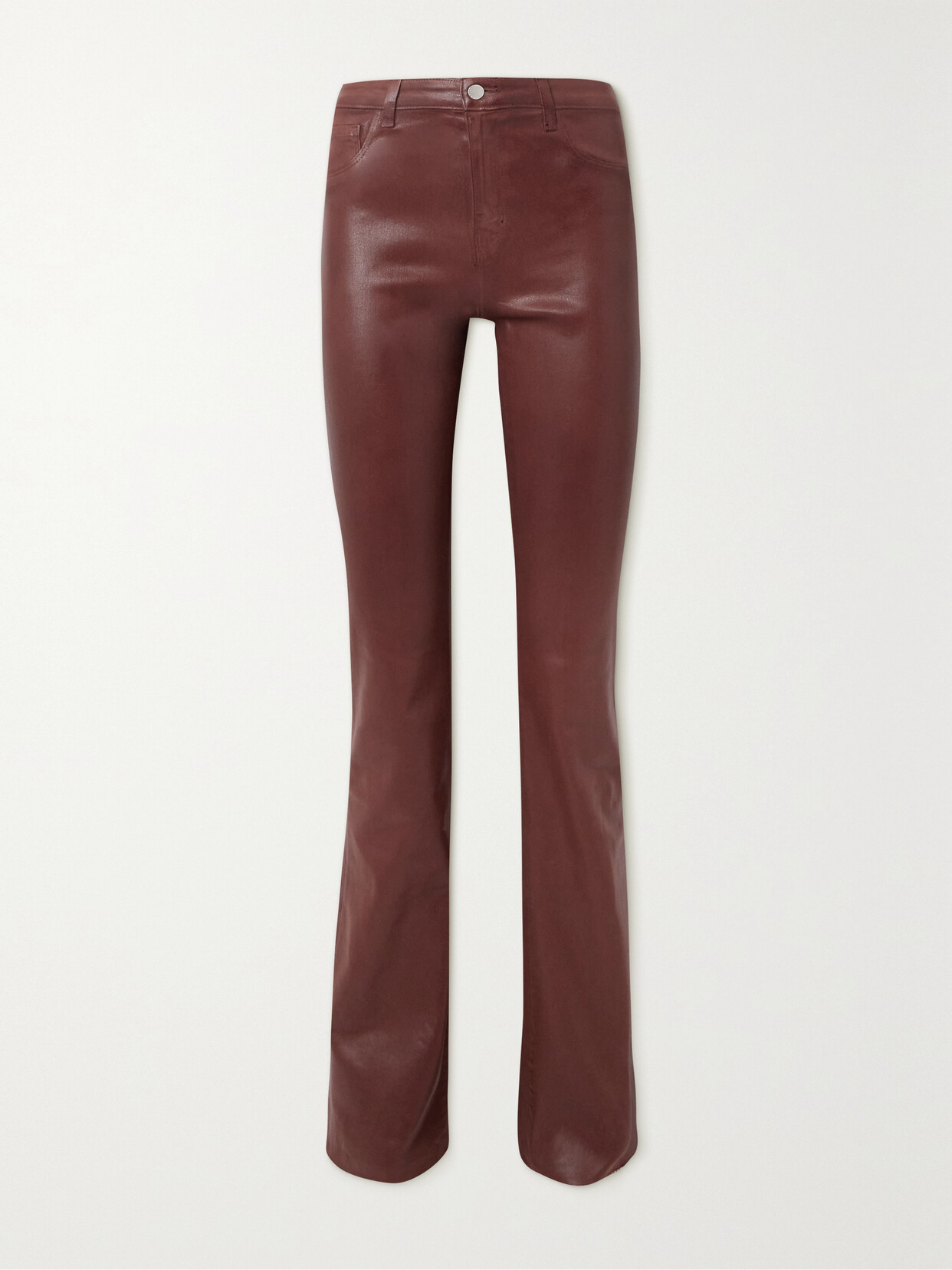 Shop L Agence Ruth Coated Cotton-blend Slim-leg Pants In Brown