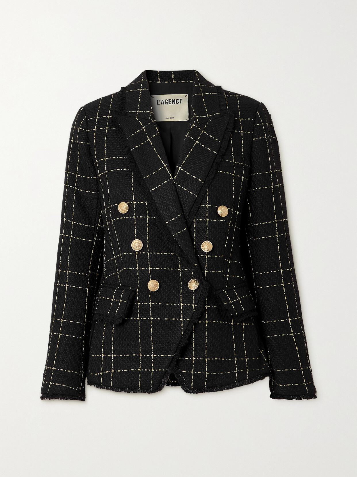 Shop L Agence Kenzie Double-breasted Metallic Checked Tweed Blazer In Black