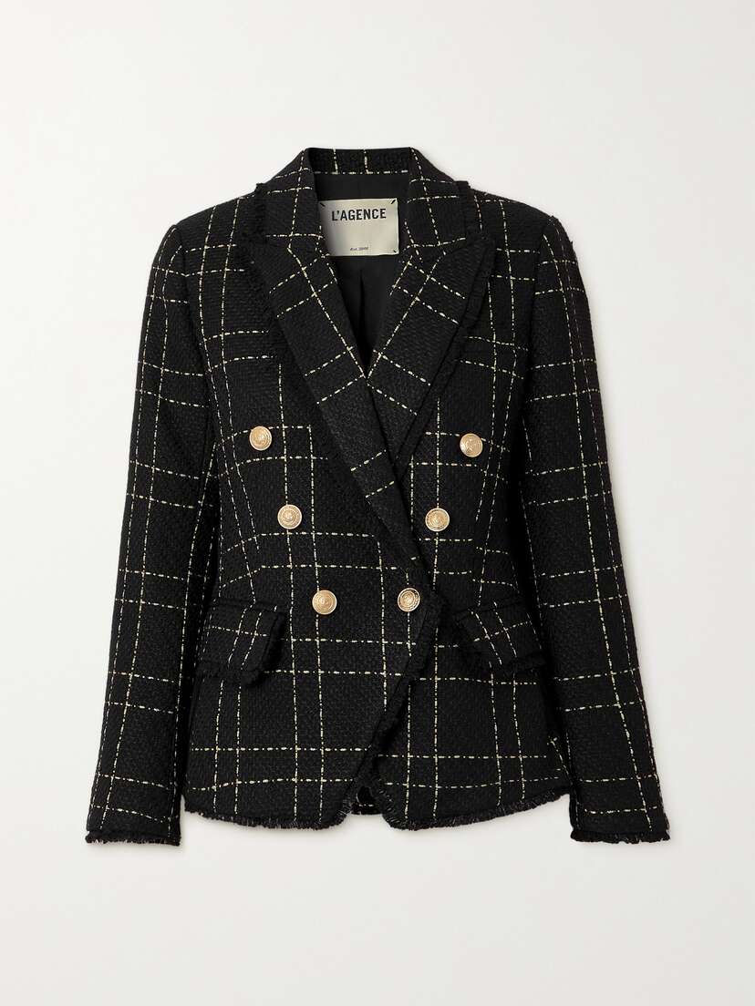 L'Agence Kenzie Double-breasted Metallic Checked Tweed Blazer
