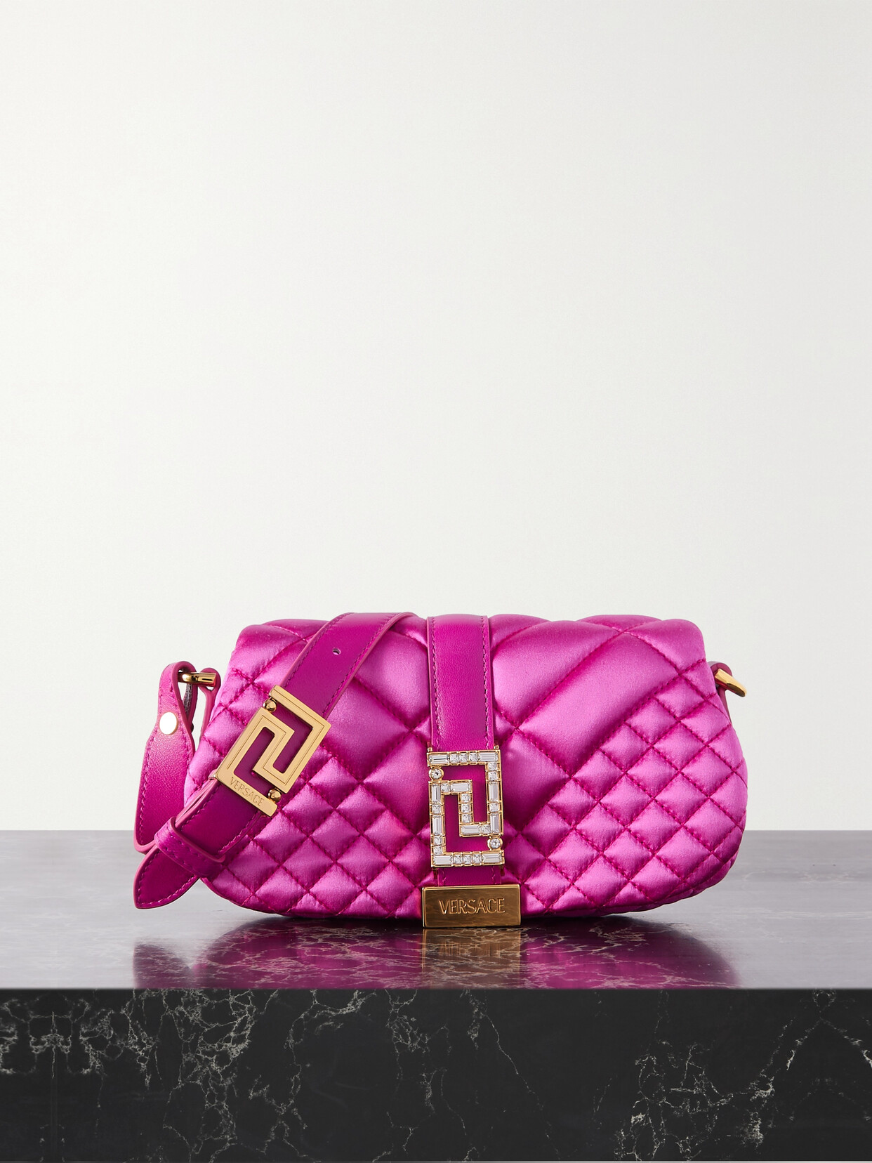 Versace - Greca Goddess Mini Embellished Leather-trimmed Quilted Satin Shoulder Bag - Pink