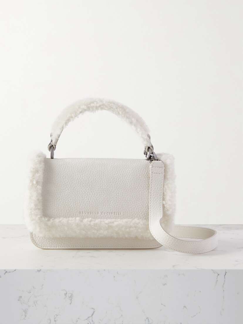 Brunello Cucinelli Shearling-trimmed Textured-leather Shoulder Bag
