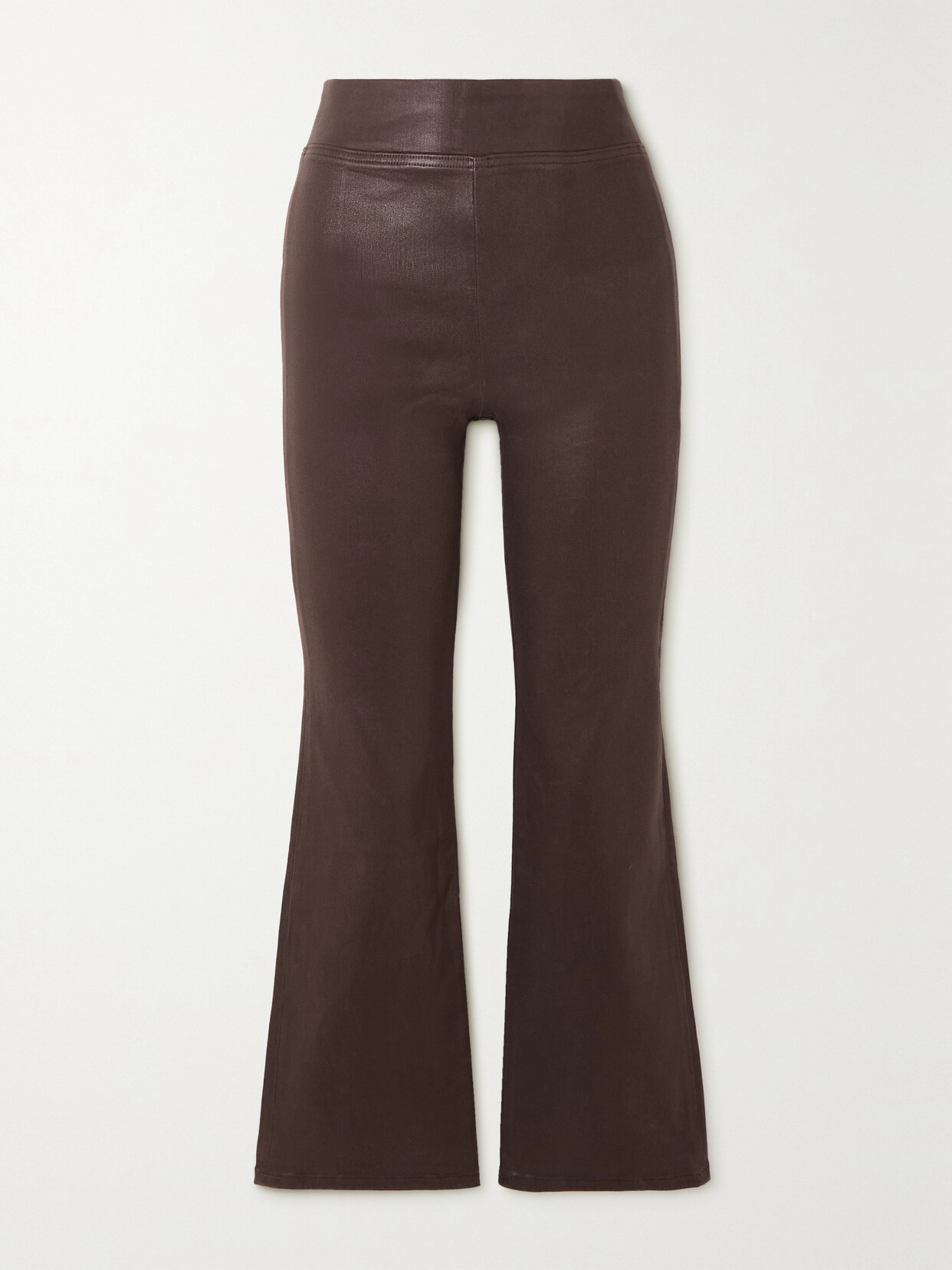 Frame The Jetset Crop Mini Boot Coated Stretch-denim Flared Jeans In Brown