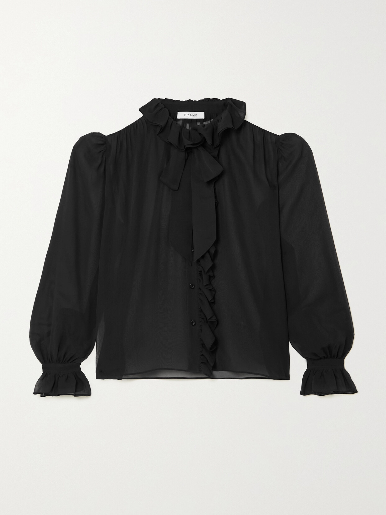 Frame Ruffled Pussy-bow Silk-chiffon Shirt In Black