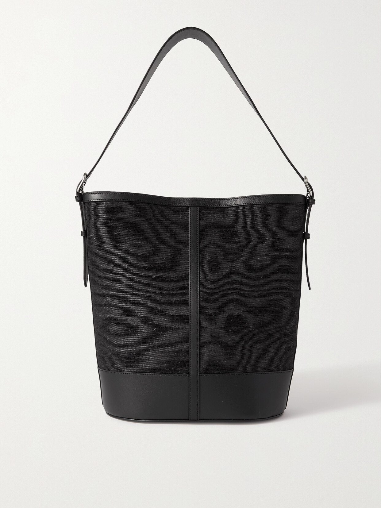 Hunting Season Leather-trimmed Raffia Shoulder Bag In Black