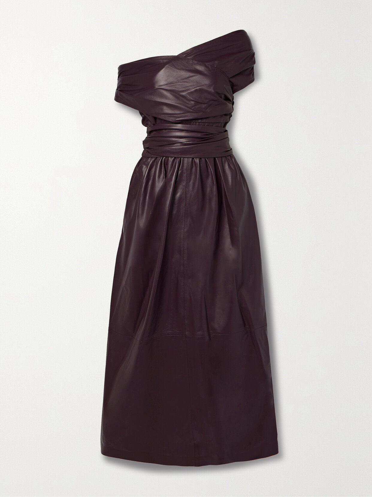 Altuzarra Corfu Off-the-shoulder Gathered Leather Midi Dress In Aubergine