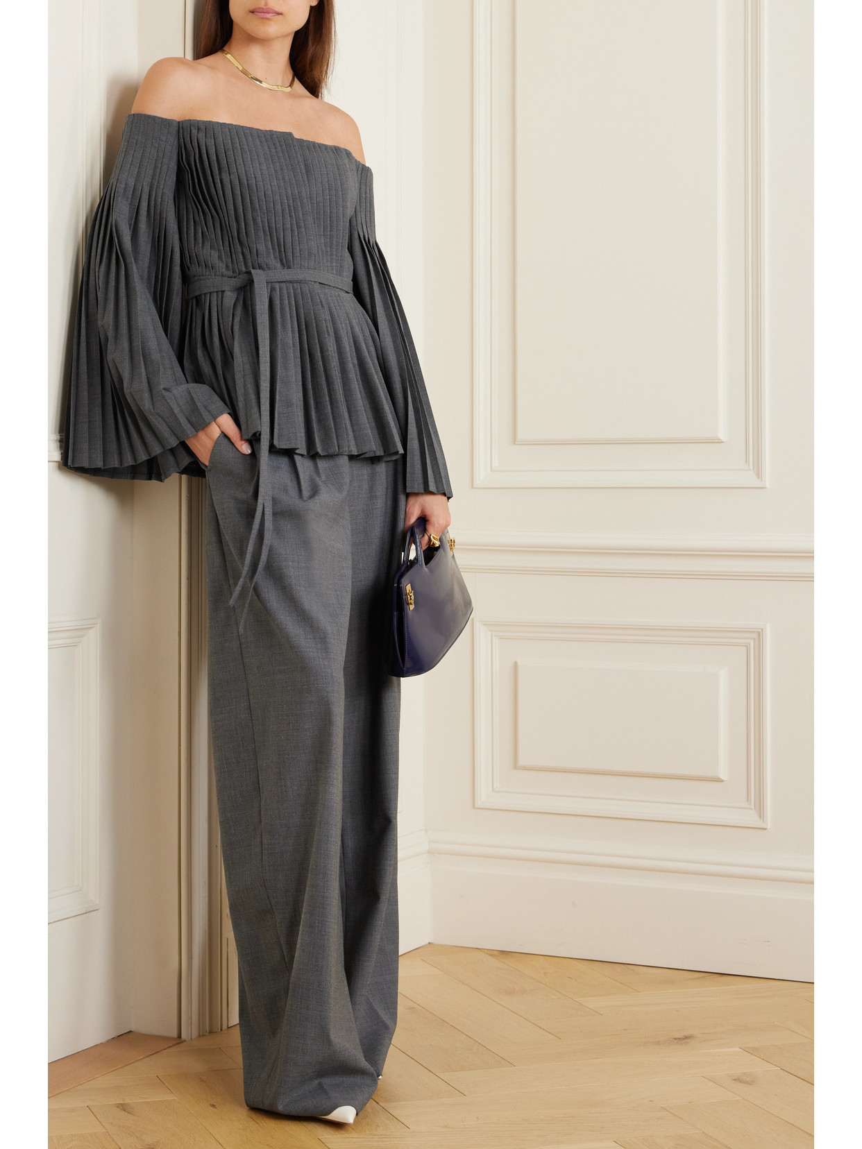 Shop Altuzarra Cyclades Off-the-shoulder Pleated Woven Jacket In Gray