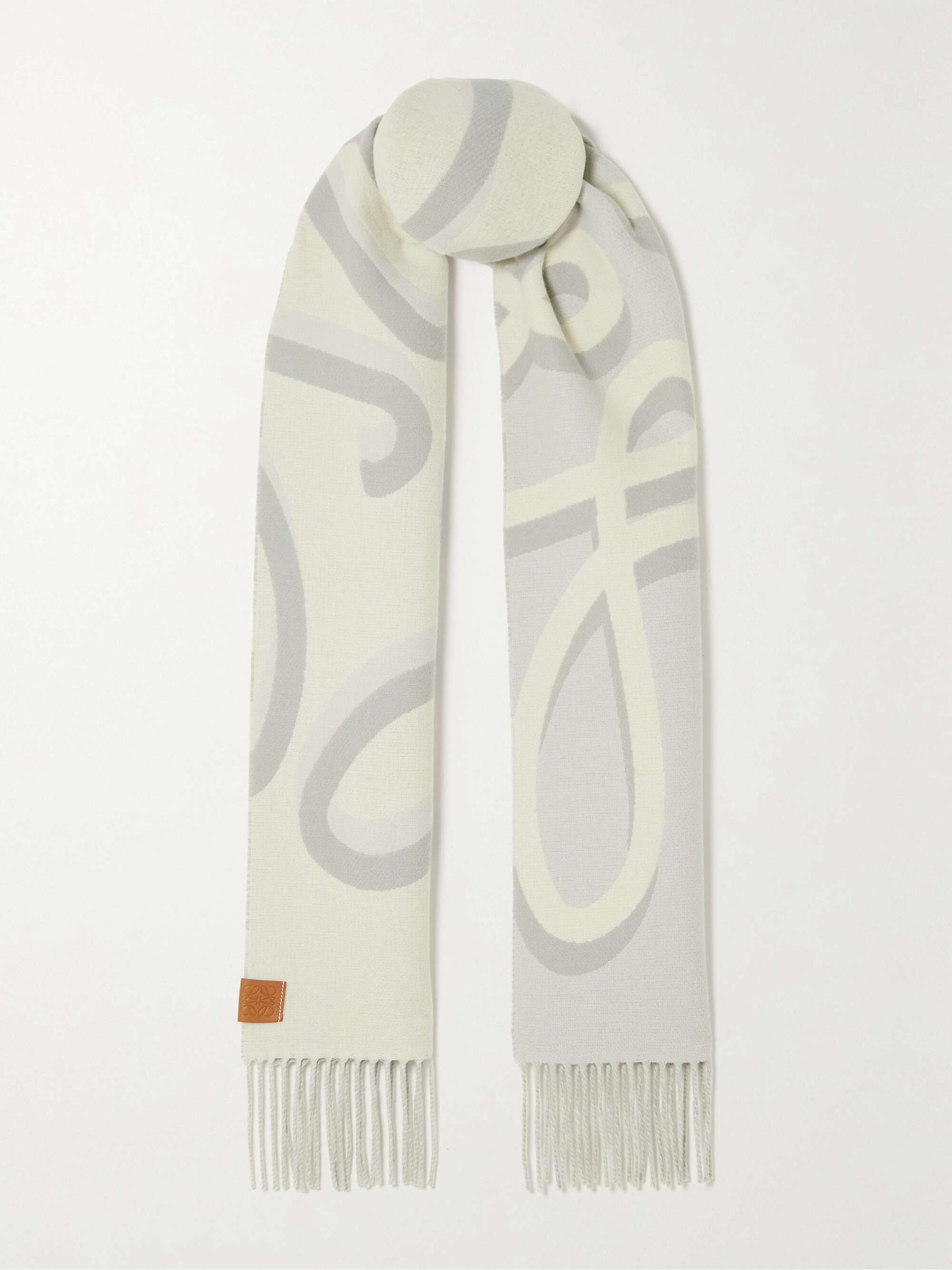 LOEWE Fringed leather-trimmed printed wool-blend scarf